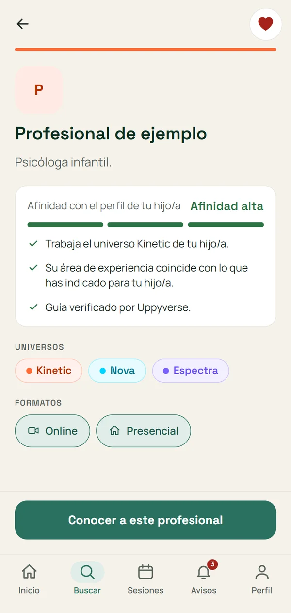 Pantalla de ejemplo de la app: ficha de una profesional con su afinidad con el perfil del niño, los universos que trabaja y los formatos de sesión.