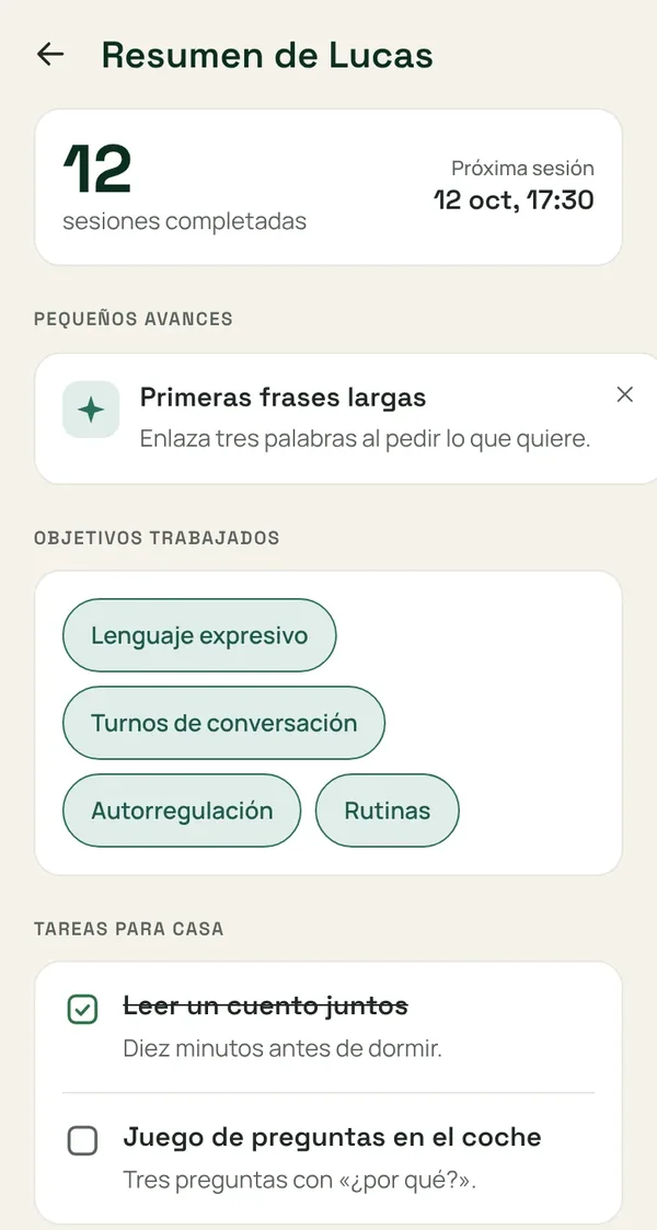 Pantalla de ejemplo de la app: resumen de Lucas con objetivos trabajados y tareas para casa.